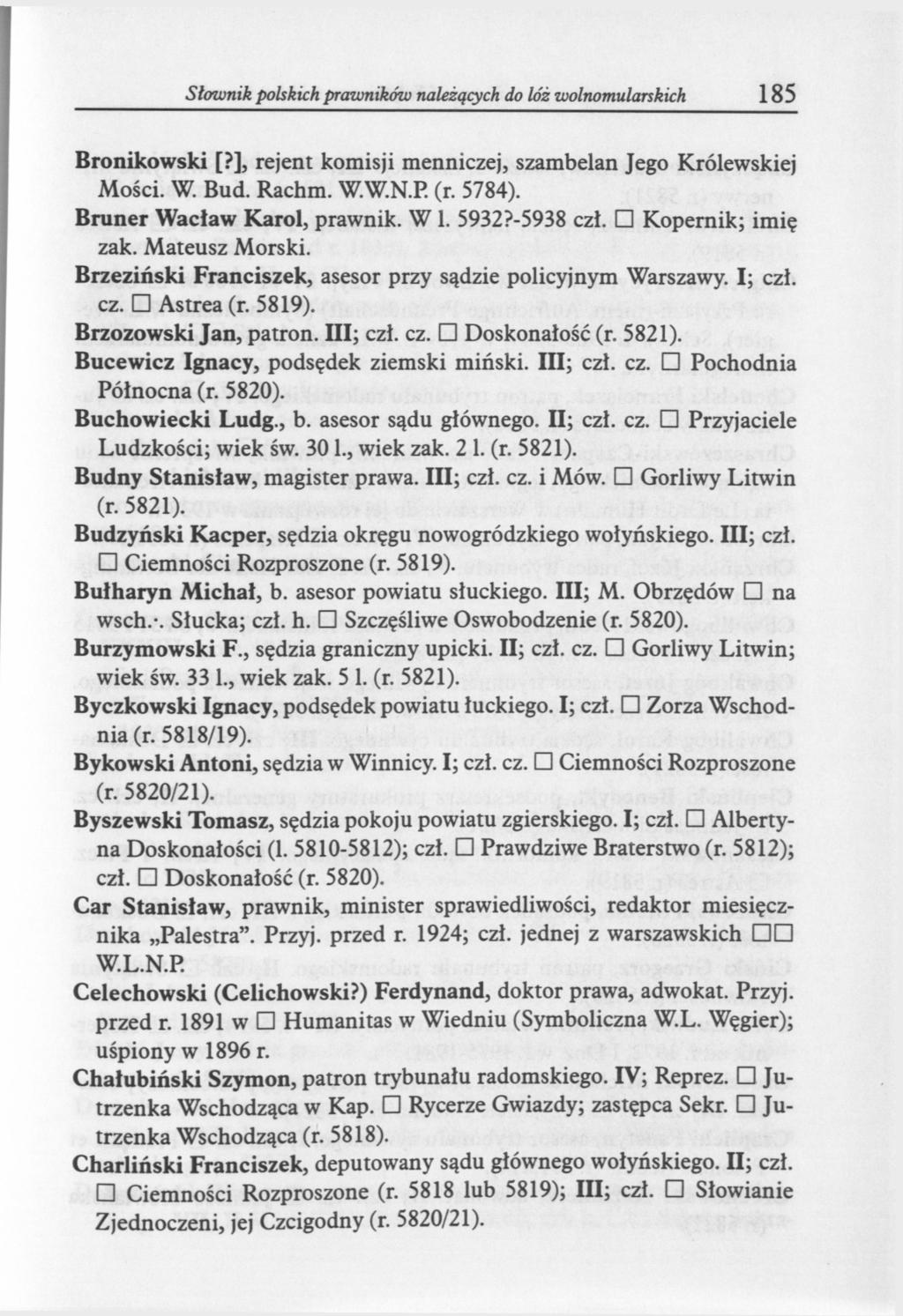 Słownik polskich prwników należących do lóż wolnomularskich 185 Bronikowski [?], rejent komisji menniczej, szambelan Jego Królewskiej Mości. W. Bud. Rachm. W.W.N.P. (r. 5784).