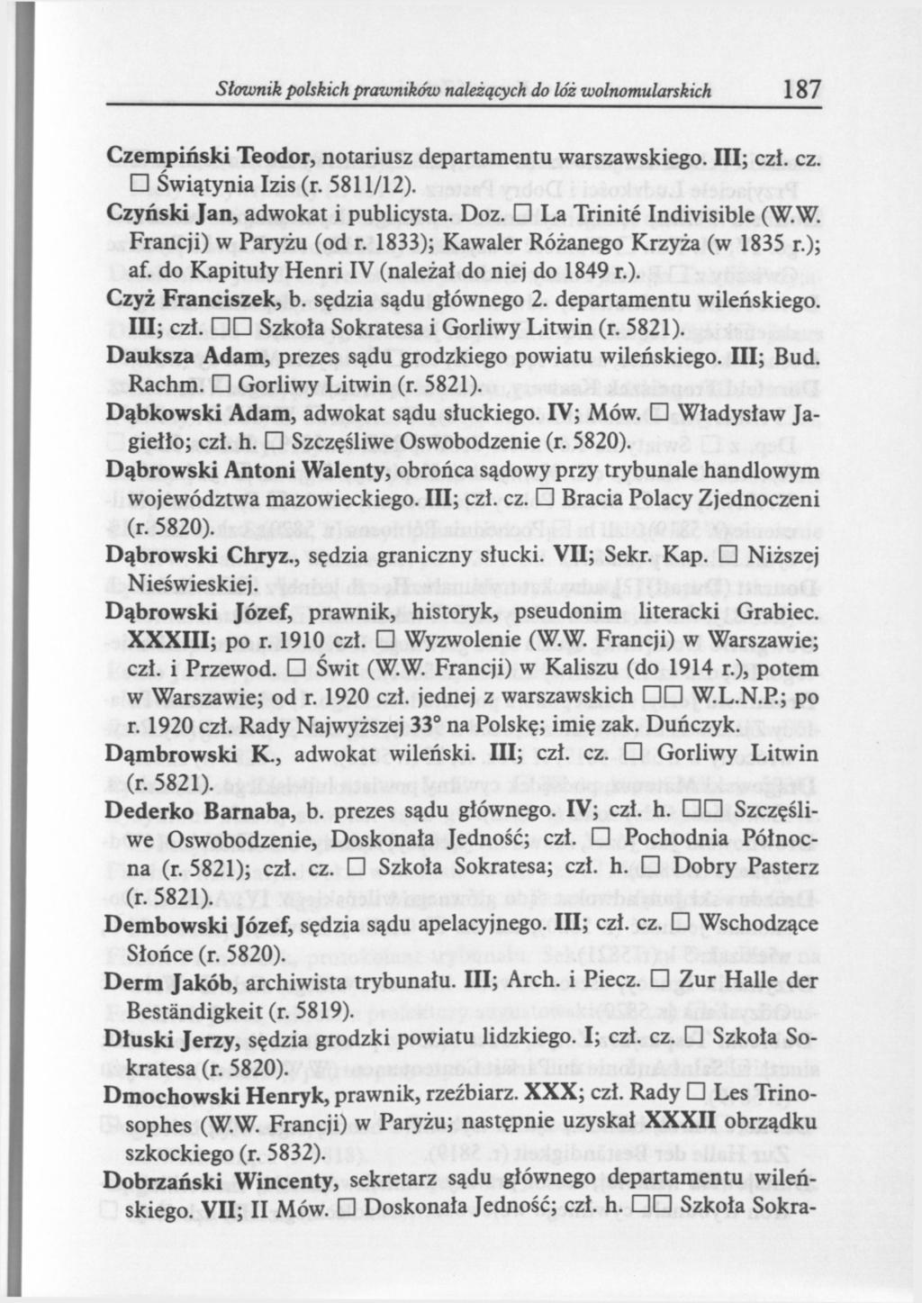 Słownik polskich prwników należących do lóż wolnomularskich 187 Czempiński Teodor, notariusz departamentu warszawskiego. III; czł. cz. Świątynia Izis (r. 5811/12). Czyński Jan, adwokat i publicysta.