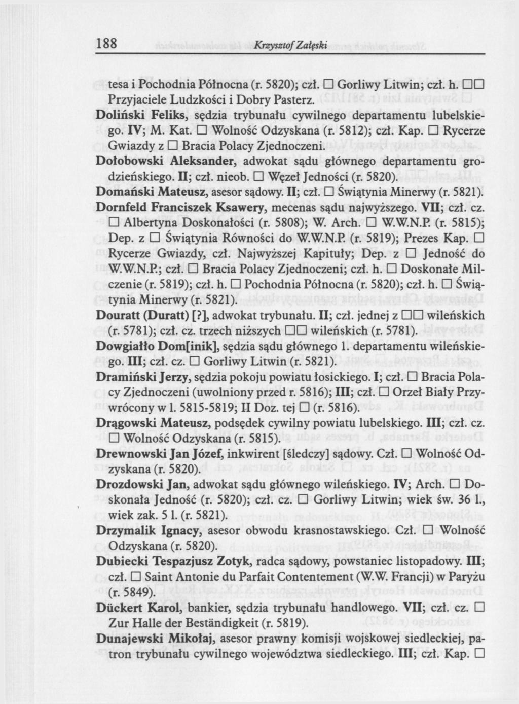 188 Krzysztof Załęski tesa i Pochodnia Północna (r. 5820); czł. Gorliwy Litwin; czł. h. Przyjaciele Ludzkości i Dobry Pasterz. Doliński Feliks, sędzia trybunału cywilnego departamentu lubelskiego.