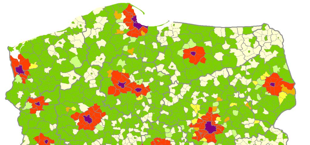 zameldowań z rdzenia MOF na 1000 mieszkańców, 2009 Delimitacja obszarów