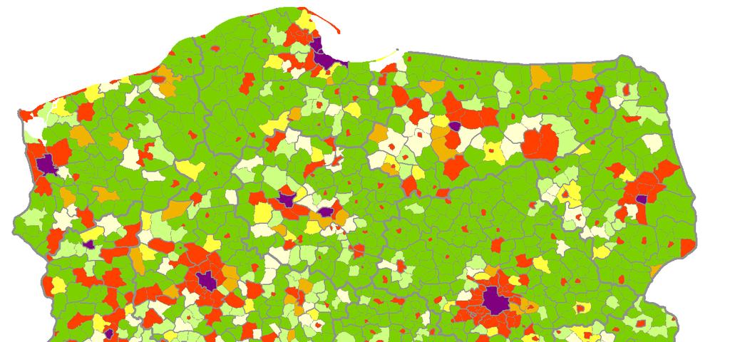 KRYTERIA MORFOLOGICZNE WSKAŹNIK M1w gęstość zaludnienia (bez lasów i wód), 2011 WSKAŹNIK