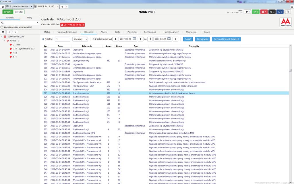 Oprogramowanie www (standard) Prezentacja stanu instalacji przez