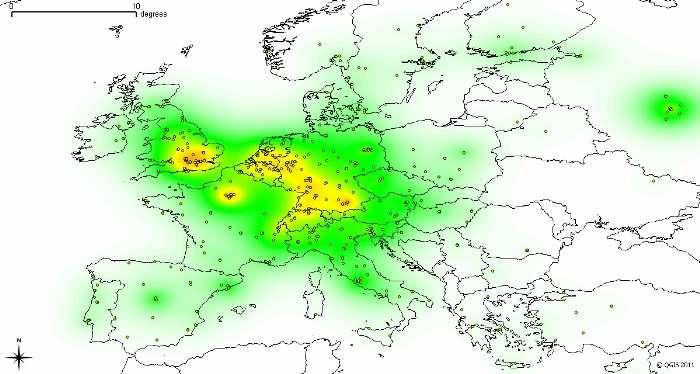 Mapa gęstości cytowań nauk ścisłych za rok 2007, czyli geografia myślenia Europy Najbardziej twórczy obszar /naród W ogóle, liczba twórców u