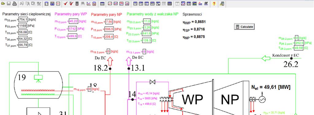 Rys. 6.5 Przykładowy wygląd okna Diagram programu Engineering Equation Solver (EES) po przeprowadzeniu obliczeń symulacyjnych obiegu parowo-wodnego. 6.5. Weryfikacja i walidacja modelu symulacyjnego W tablicy 6.