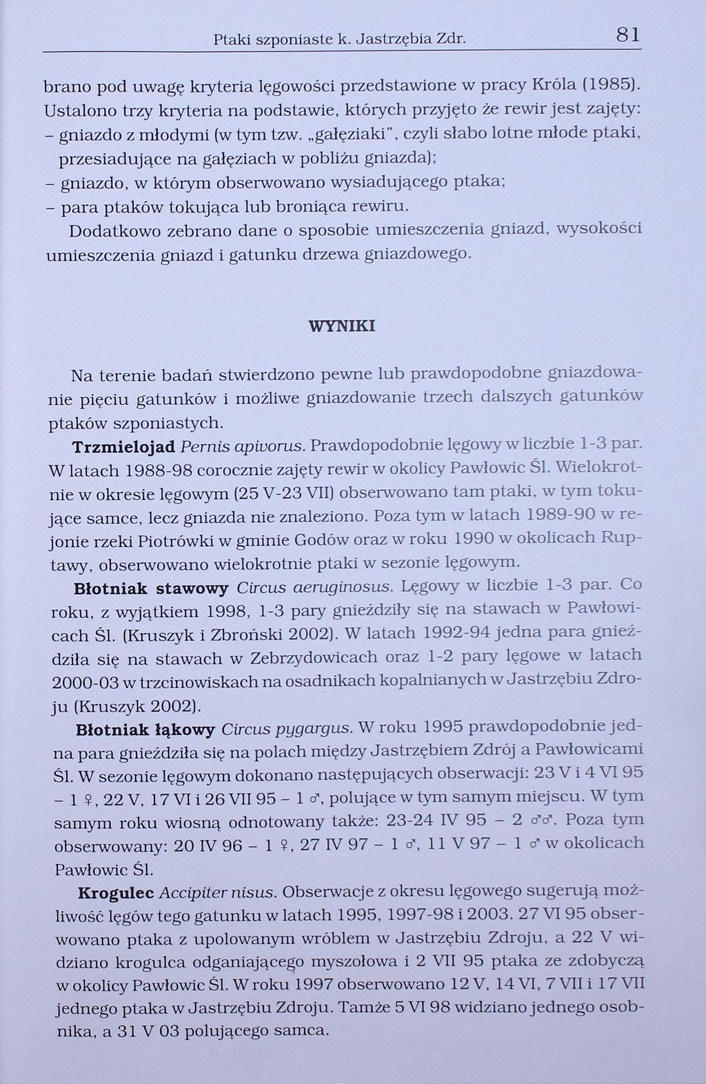 Ptaki szponiaste k. Jastrzębia Zdr. 8 brano pod uwagę kryteria lęgowości przedstawione w pracy Króla (985).