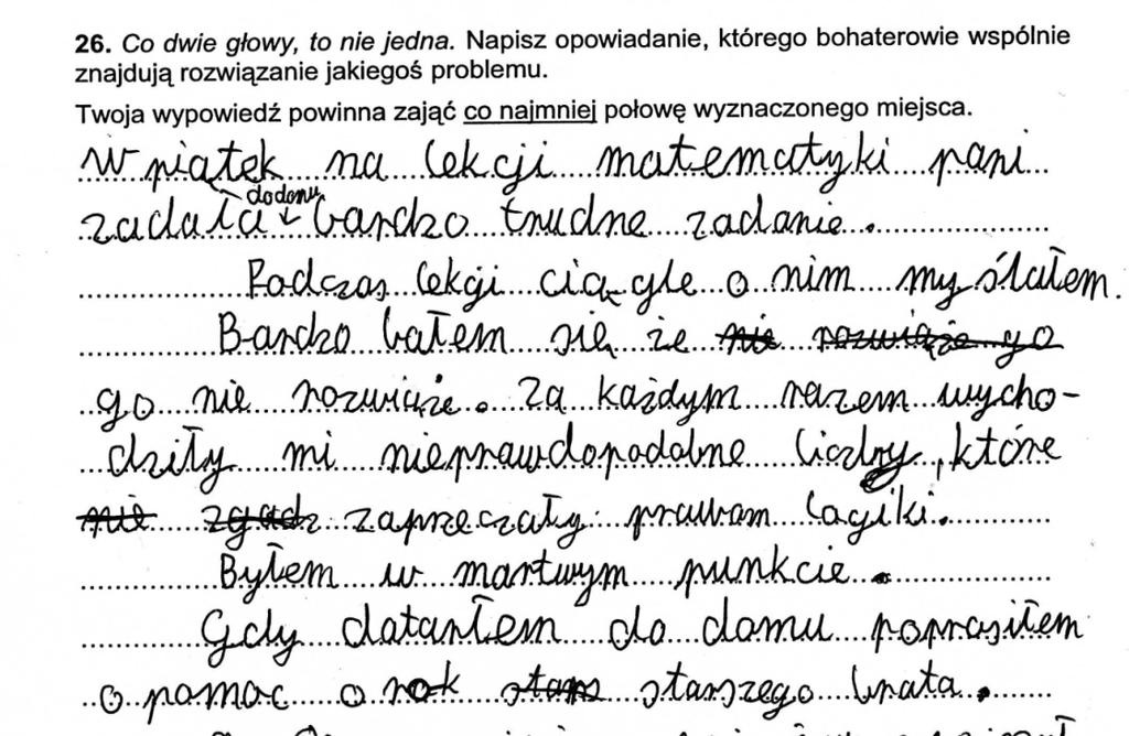 Spośród pięciu wymienionych aspektów najwyżej została oceniona treść opowiadań za rozwinięcie tematu uczniowie otrzymali średnio 70% punktów możliwych do uzyskania.