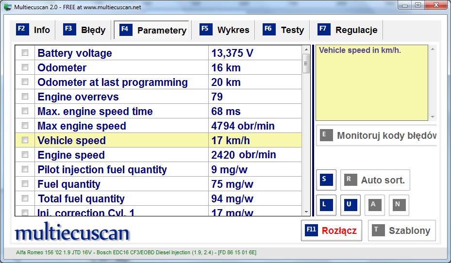 Rys. 7 - program FiatECUScan - funkcja "Parametry Live-data". W ten prosty sposób można kompleksowo sprawdzić niemalże każdy samochód marki Alfa-Romeo, Fiat, Lancia, Chrysler czy Suzuki.