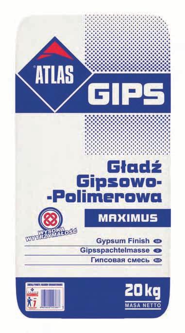 atlas GIPS ATLAS GIPS MAXIMUS gładź gipsowo-polimerowa grubość warstwy do 3 mm wysoka wytrzymałość plastyczna, łatwa w nakładaniu śnieżnobiały kolor możliwość nakładania mokre na mokre 7 3 2 20 kg 10