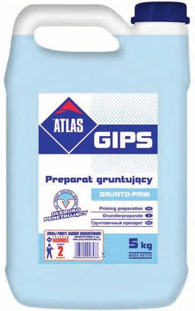ATLAS GIPS GRUNTO-PRIM emulsja gruntująca atlas GIPS pod gładzie, tynki i kleje gipsowe oraz pod farby akrylowe zmniejsza i wyrównuje chłonność podłoża na podłoża o dużej nasiąkliwości głęboko