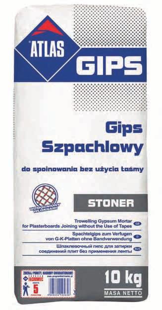 atlas GIPS ATLAS GIPS STONER gips szpachlowy do spoinowania bez użycia taśm spoinowanie płyt g-k bez użycia taśm elastyczny i odporny na spękania bardzo dobra plastyczność wysoka wytrzymałość