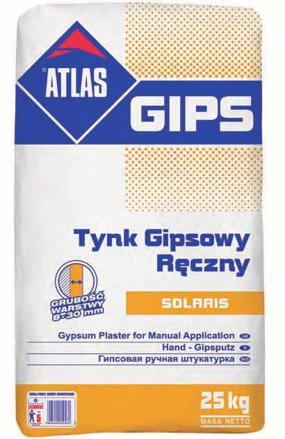 atlas GIPS ATLAS GIPS SOLARIS tynk gipsowy ręczny ręczne tynkowanie ścian i sufitów grubość warstwy 8-30 mm optymalny czas obróbki (120 minut) szeroki zakres stosowania wysoka wydajność 5 25 kg