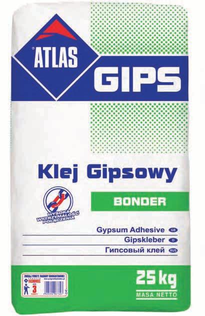 atlas GIPS ATLAS GIPS BONDER klej do płyt gipsowo-kartonowych bardzo dobra przyczepność do podłoża i powierzchni płyt g-k wysoka plastyczność podczas przyklejania płyty optymalny czas obróbki wysoka