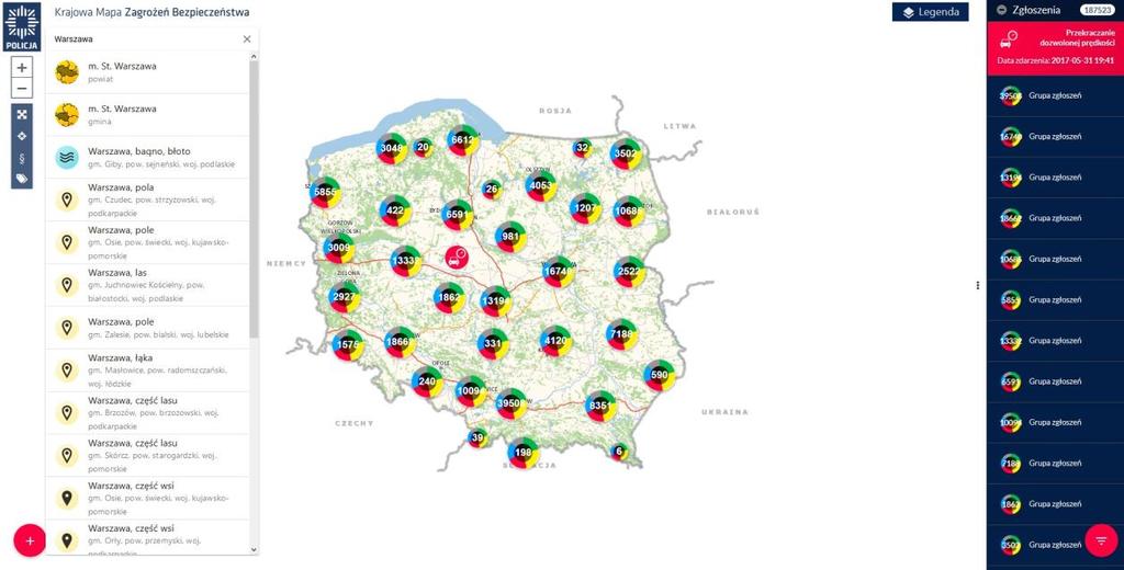 a. przyciski +/- przybliżają i oddalają pełny zakres mapy. b.