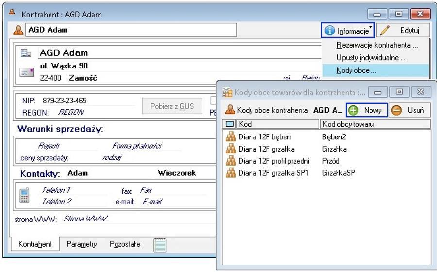 Kody obce Dodawanie kodów obcych odbywa si z poziomu kontrahenta. Na oknie wybieramy Informacje -> Kody obce.