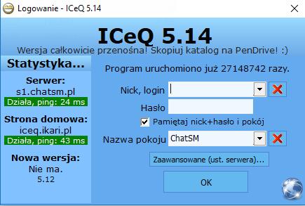 Po kliknięciu na ikonkę pojawi nam się okno pokazane na obrazie poniżej. W miejsce Nick,login wpisujecie nick jaki zarejestrowaliście na stronie www.chatsm.