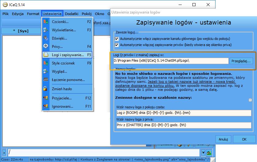 Tak jak na obrazku powyżej w Ustawieniach wybieracie opcje Logi i zapisywanie, następnie wybieracie odpowiedni folder do którego mają być zapisywane logi.