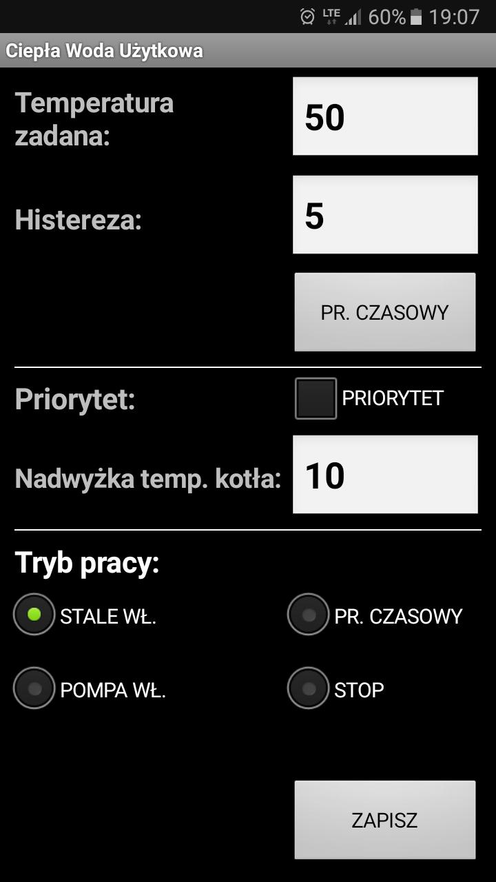 OPIS ZMIANY PARAMETRÓW NA PRZYKŁADZIE CWU Wchodzimy w okno CWU (naciskając zielony panel na ekranie głównym) Wybieramy przycisk CIEPŁA WODA.