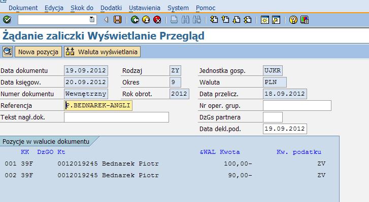 Żądanie zaliczki Wyświetlanie Przegląd 13.