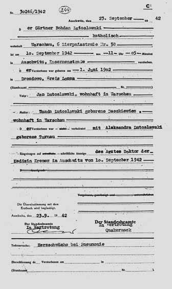 Protokół zgonu Bogdana Lutosławskiego, oficjalną przyczyną było osłabienie serca przy pneumonii, 10 październik 1942 r. Bogdan Lutosławski s death certificate (October 10, 1942).