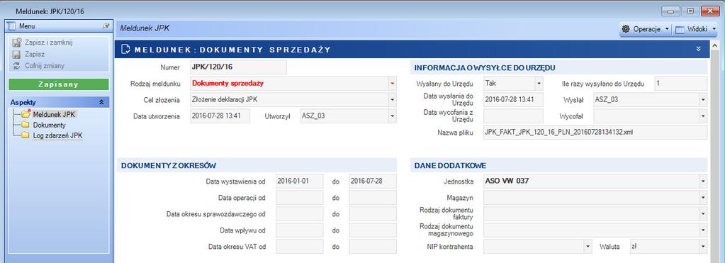 W oknie zdefiniowano następujące widoki: Widok Meldunki JPK prezentuje pola opisujące rodzaj meldunku oraz kryteria wyboru dokumentów