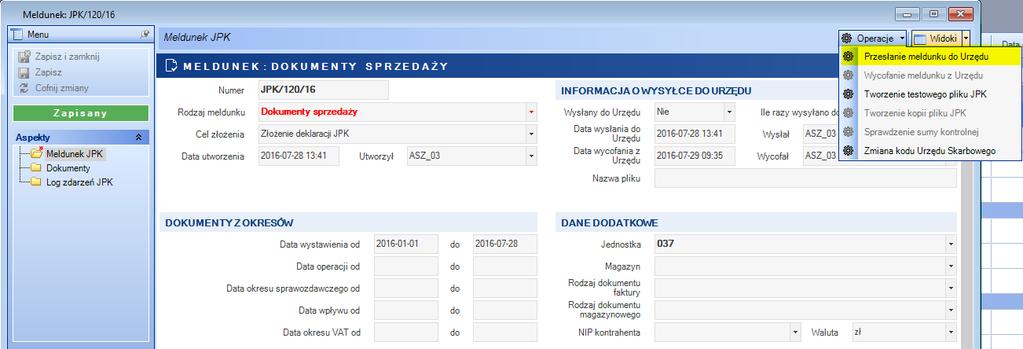 SvJPK» Instrukcja użytkownika» Meldunki W drugim kroku, w oknie Meldunek JPK należy użyć operacji Przesłanie meldunku do Urzędu (Rysunek 44).