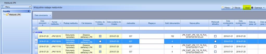 SvJPK» Instrukcja użytkownika» Meldunki Rysunek 45 4.10 Usuwanie meldunków W oknie Meldunki JPK dostępny jest przycisk Usuń, umożliwiający usuwanie meldunków (Rysunek 46).