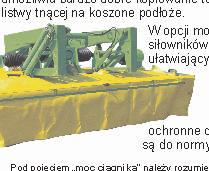 koszeniu ok. 12-15 km/h. Typ kosiarki Szerokość koszenia Szerokość pokosu Liczba dysków Liczba noży Obroty WOM Moc ciągnika Wydajność robocza Wał przekaźn.