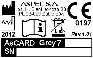 2.9. Producent 2.10. Oznaczenie aparatu ASPEL S.A. os. H. Sienkiewicza 33 PL 32-080 Zabierzów tel. +48 12 285 22 22, fax +48 12 285 30 30 sprzedaz@aspel.com.pl www.aspel.com.pl SN Numer seryjny urządzenia Rys.