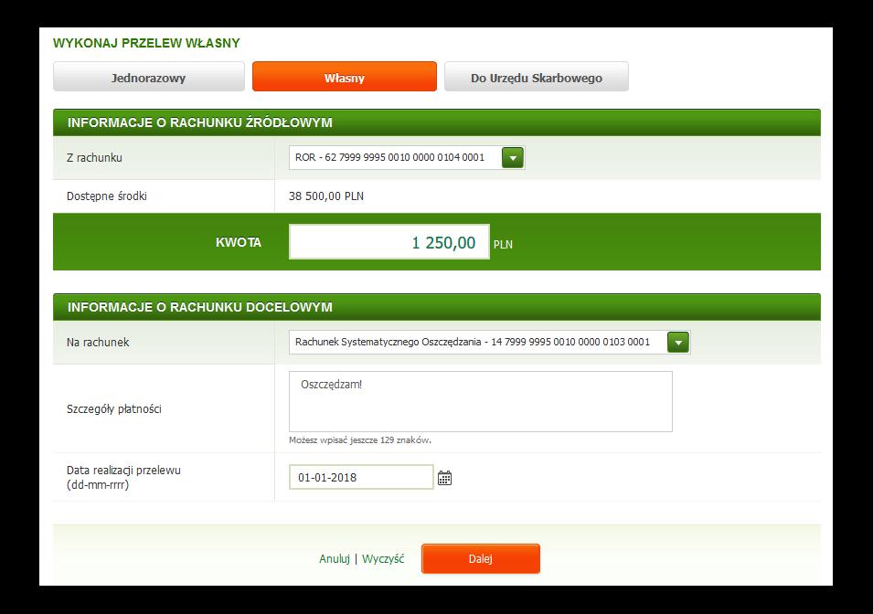 W ramach Informacji o Odbiorcy: W polu Na rachunek odbiorcy wpisz numer rachunku odbiorcy Przelewu; W polu Nazwa odbiorcy wpisz imię i nazwisko odbiorcy lub nazwę firmy; W celu wprowadzenia danych