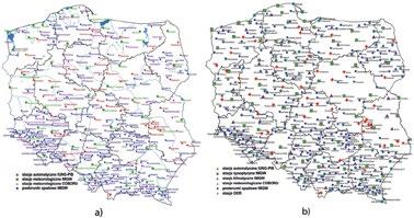 Rys. 1. Stacje meteorologiczne w SMSR a) stan na 31.12.2015 r. b) stan na 01.06.2016 r.