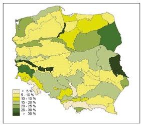 Rys. 3. Udział (%) siedlisk mokradłowych w powierzchniach makroregionów fizycznogeograficznych Polski (Dembek i in.
