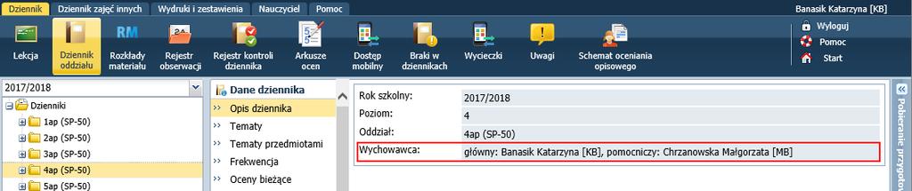 oddziałów umożliwiono wskazanie, w jakich latach szkolnych nauczyciel jest wychowawcą oddziału oraz określenie, czy jest on wychowawcą głównym czy pomocniczym.