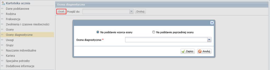 Uczeń na karcie Oceny: 5. W kartotece ucznia dodano kartę Oceny diagnostyczne.