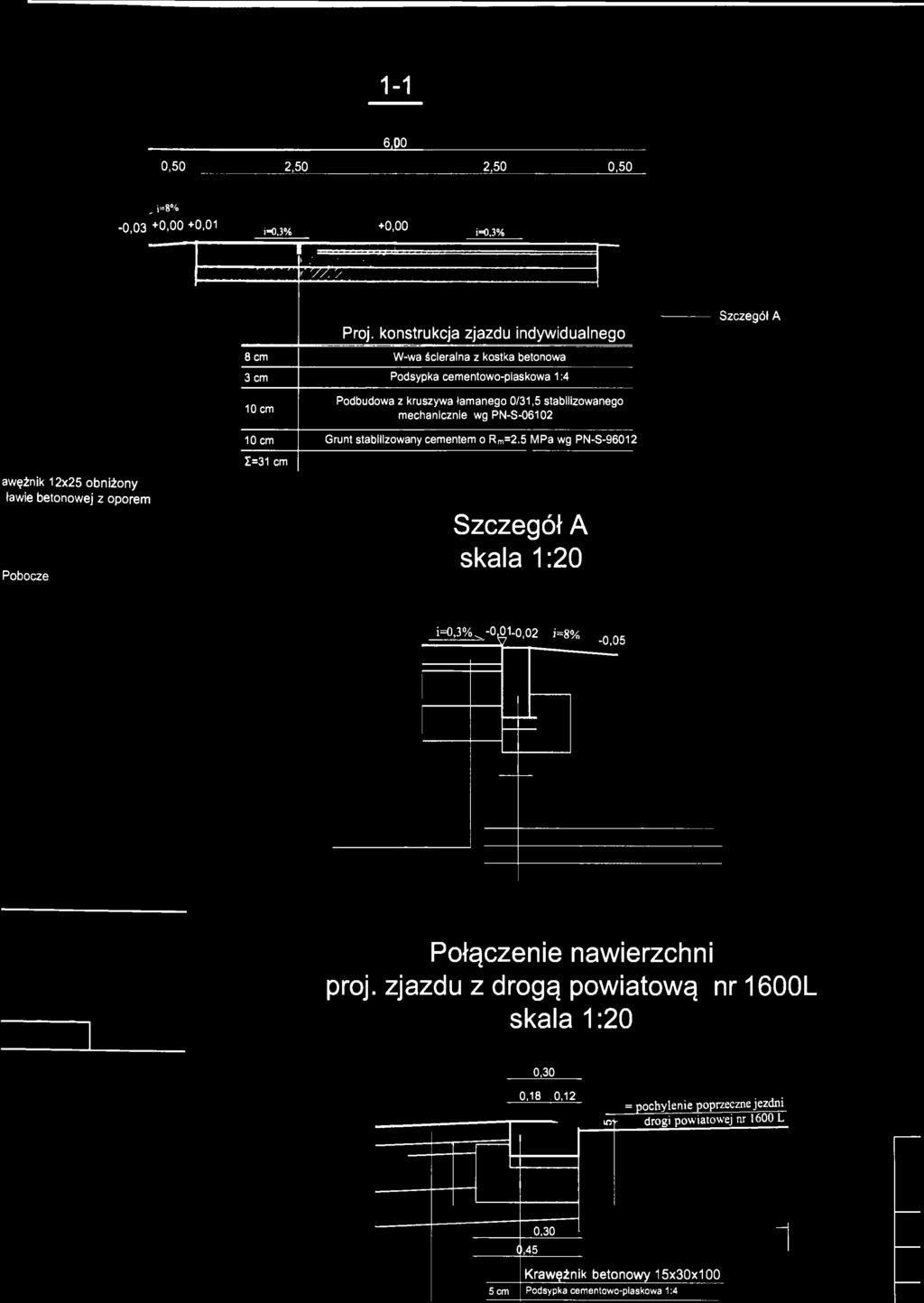 PN-S-06102 Grunt stabilizowany cementem o Rm=2.5 MPa wg PN-S-96012 Szczegół A skala 1:20 Szczegół A i=0,3% ^-0^1-0,02 i=8% -0,05 Połączenie nawierzchni proj.