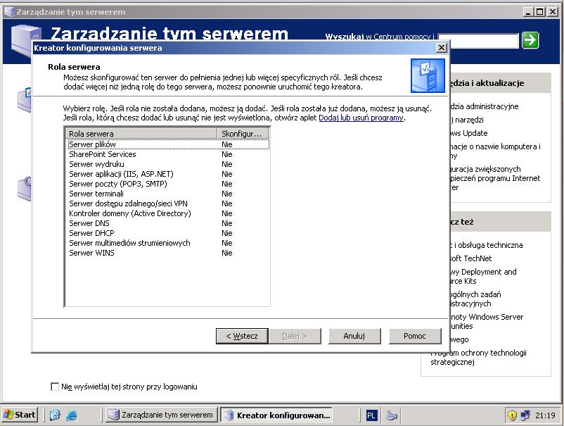 8 (Pobrane z slow7.pl) Wybór ról serwera. Po kliknięciu Dalej zostanie uruchomiony Kreator instalacji usług Active Directory.