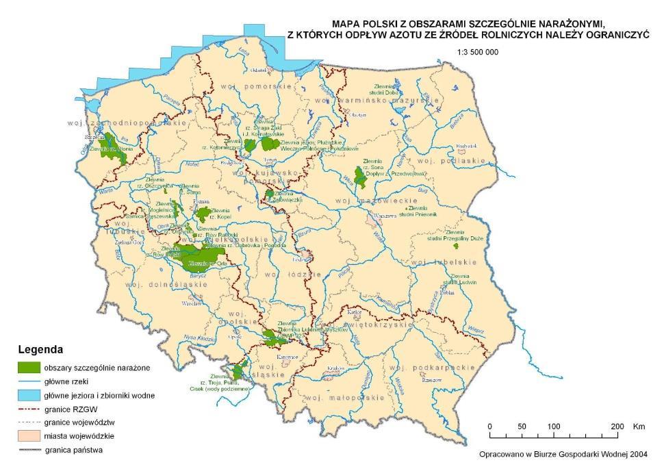 Mapy Polski z uwzględnieniem obszarów szczególnie narażonych na azotany pochodzenia rolniczego 2004-2008