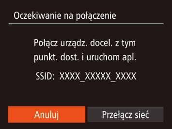 Nawiązywanie połączenia bez punktu dostępu Zostanie wyświetlony identyfikator SSID aparatu.