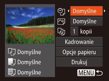 3 Włącz drukarkę. 4 Włącz aparat. Konfigurowanie ustawień drukowania Naciśnij przycisk <1>, aby włączyć 1 Przejdź do ekranu drukowania. aparat. Aby wyświetlić ekran widoczny po lewej stronie, wykonaj czynności podane w punktach 16 w podrozdziale Łatwe drukowanie (= 129130).