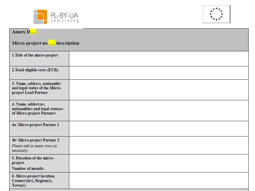 Numer właściwego mikroprojektu i załącznika D! Pełny tytuł mikroprojektu Całkowity koszt kwalifikowalny mikroprojektu w EURO (min. 10 000 EURO max.