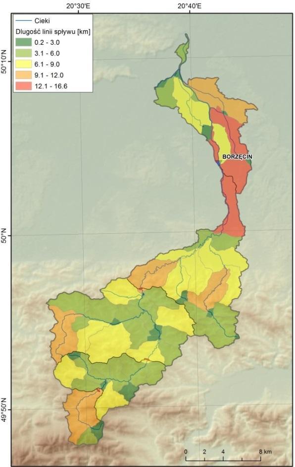 hydrologicznym (cz. lewa) oraz średnich spadków w zlewni (cz. prawa) Rys. 7.