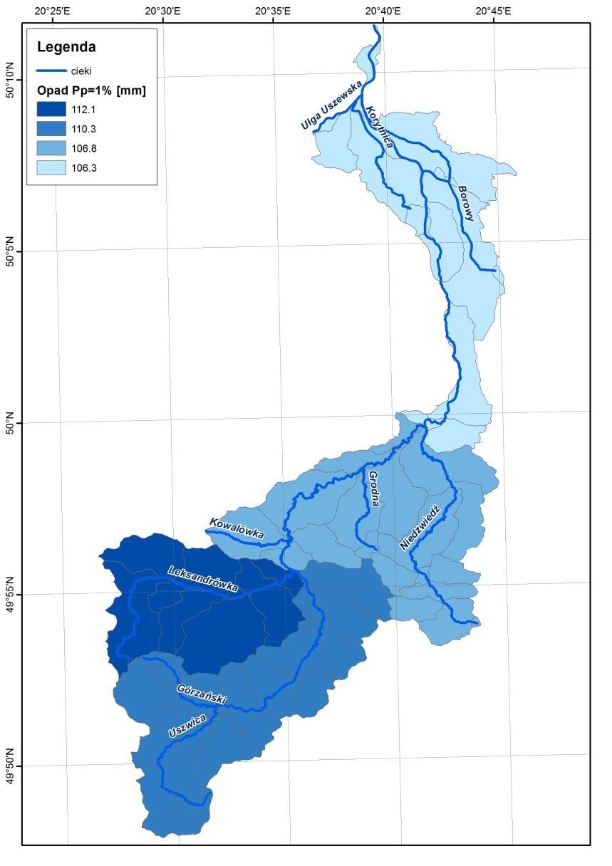 Rys. 10. Rozkład przestrzenny sum opadu o prawdopodobieństwie wystąpienia Pp=1% w zlewni Uszwicy. Tab. 9.