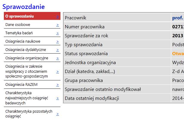 Na początku lista sprawozdań jest pusta, więc należy wybrać opcję Nowe sprawozdanie.