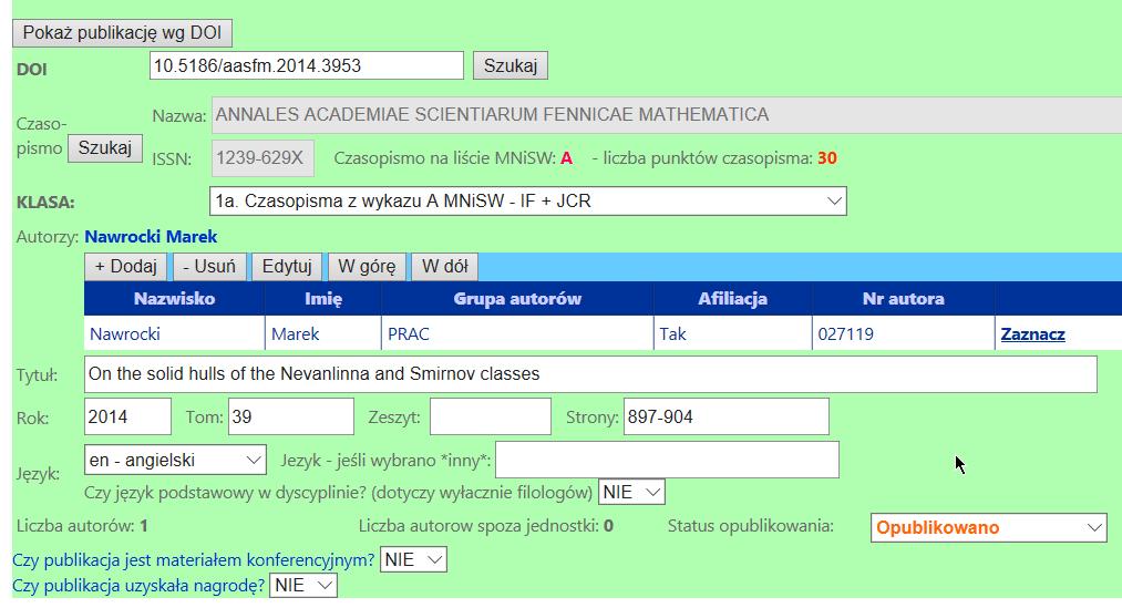 Artykuły, dla których nie ma DOI lub których system nie może odszukać wg, DOI Jeżeli nie można wypełnić danych automatycznie na podstawie DOI, można zastosować