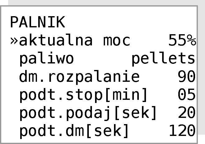 Regulator w sposób ciągły dobiera moc palnika w zależności od zapotzrebowania na energię. Wyliczona moc wskazywana jest w menu PALNIK. Rysunek 11: Menu PALNIK.