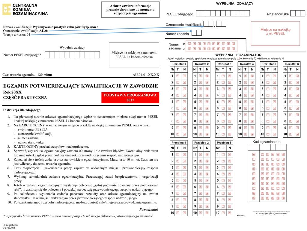 7. Pierwsza strona arkusza do części praktycznej egzaminu i karta oceny dla zdających egzamin z zakresu