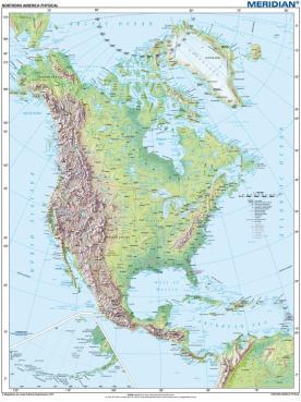 Ścienna mapa szkolna przedstawiająca podział polityczny Ameryki Północnej.