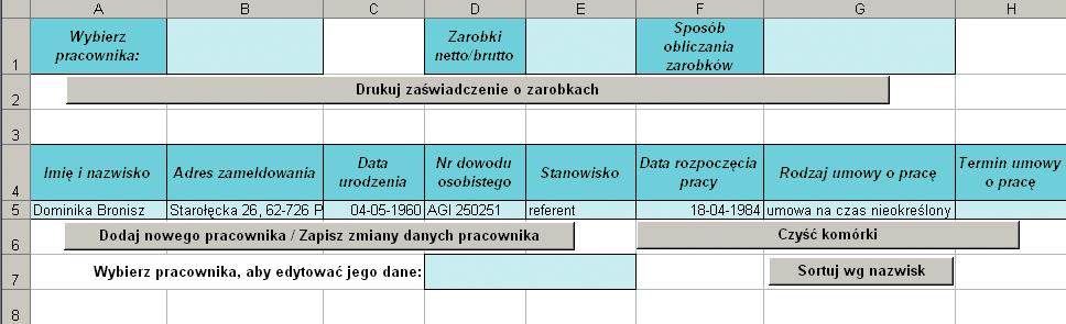 9. W podobny sposób przypisz makro DodajZmieńDane do przycisku Dodaj nowego pracownika/zapisz zmiany danych pracownika, makro Modyfikuj do przycisku Modyfikuj dane pracownika, makro Wyczyść do