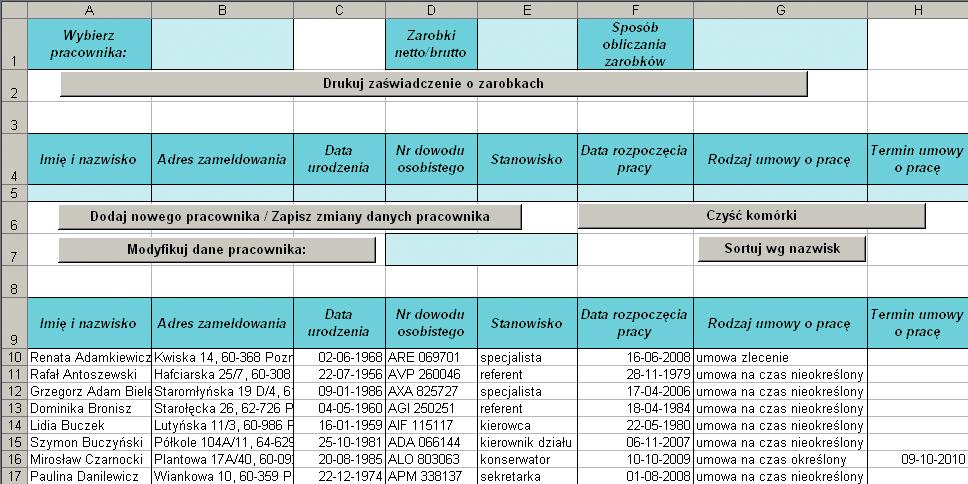 Jak korzystać z narzędzia? Wydruk zaświadczenia Po otwarciu skoroszytu pojawi się jedyny widoczny arkusz w tym skoroszycie. Na samej górze znajdują się przyciski oraz powiązane z nimi komórki.