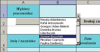 Kliknij komórkę B1. Obok prawego dolnego rogu komórki pojawi się mały przycisk kliknij go. Pod dolną krawędzią komórki rozwinięta zostanie lista.