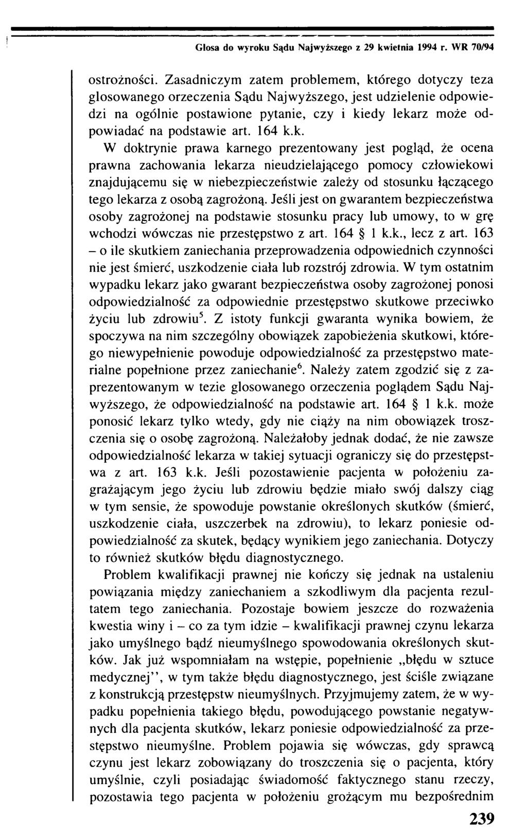 Glosa do wyroku Sądu Najwyższego z 29 kwietnia 1994 r. WR 70/94 ostrożności.